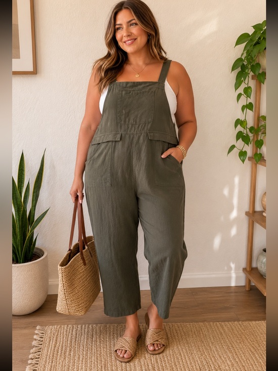 Denim - Olive Green Overalls Jumpsuit, Wide Strap Utility Romper, Farmers Market Sz L